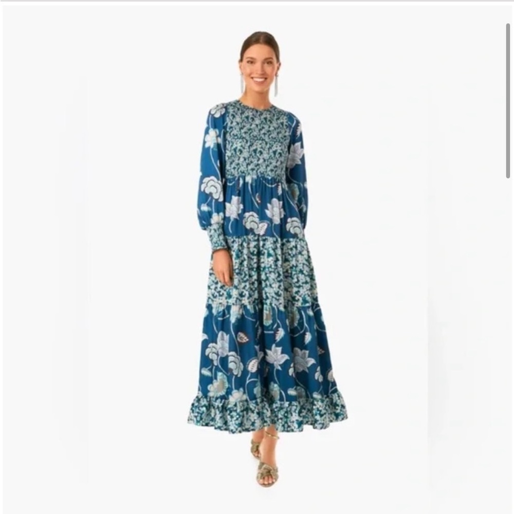 Tuckernuck Blue Geranium Libby Dress Smocked Long Sleeve Tiered Floral Medium
